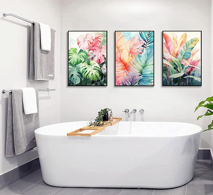 3pcs Tropical Botanical Canvas Wall Art Monstera Leaves Posters Botanical Prints Bohemian style Wall Decor Pictures Palm Leaves Paintings for Bathroom living room Decoration Unframed