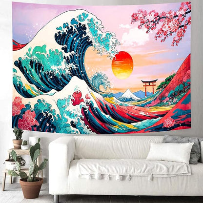 Delur Great Wave Tapestry Japanese Sunset Ocean Sea Wave Off Kanagawa Tapestry Wall Hanging Vintage Asian Anime Cherry Blossom Nature Headboard for Bedroom Living Room Home Decor (70.8" x 92.5")