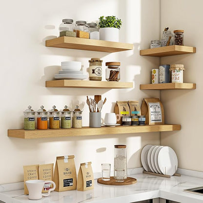 24 Inch Floating Shelves, 3D Textured Wood Grain, 24"x9.25"x1.5" Inch Deep Floating Shelves for Wall, Wooden Shelves for Bathroom, Bedroom, Living Room, Natural, 2 Pieces