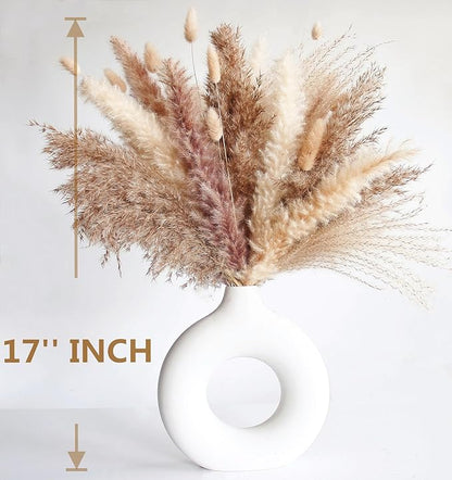 Dried Pampas Grass Decor, 120 PCS Pampas Grass with Bunny Tails Dried Flowers, Reed Grass Bouquet for Wedding, Boho Flowers, Home Table Decor, Rustic Farmhouse Party (White and Brown)
