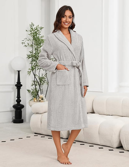 Ekouaer Women's Robe Plush Soft Long Bathrobe Cozy Warm Shawl Collar Spa Robe with Pockets