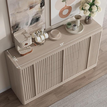 Buffet Cabinet with Storage, 60" Fluted Coffee Bar Cabinet with 4 Drawers & 2 Doors, Solid Wood Handle, Credenza Accent Storage Cabinet for Kitchen Living Dining Room, Natural Oak(1PCS)