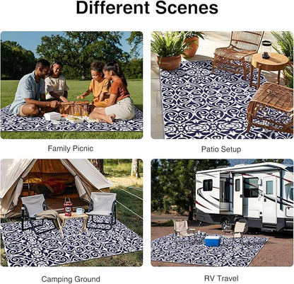 OLANLY Outdoor Rug Waterproof 5x8 ft Clearance, Reversible Outdoor Plastic Straw Rug with Floral Pattern, RV Mat for Patio, Camping, Balcony, Deck, Backyard, Navy & White