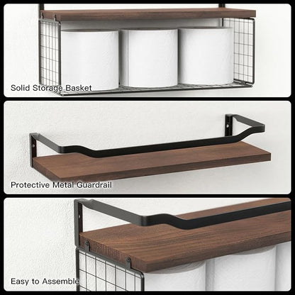 WOPITUES Floating Shelves with Wire Storage Basket, Bathroom Shelves Over Toilet with Protective Metal Guardrail, Wood Wall Shelves for Bathroom, Bedroom, Living Room, Toilet Paper- Dark Brown