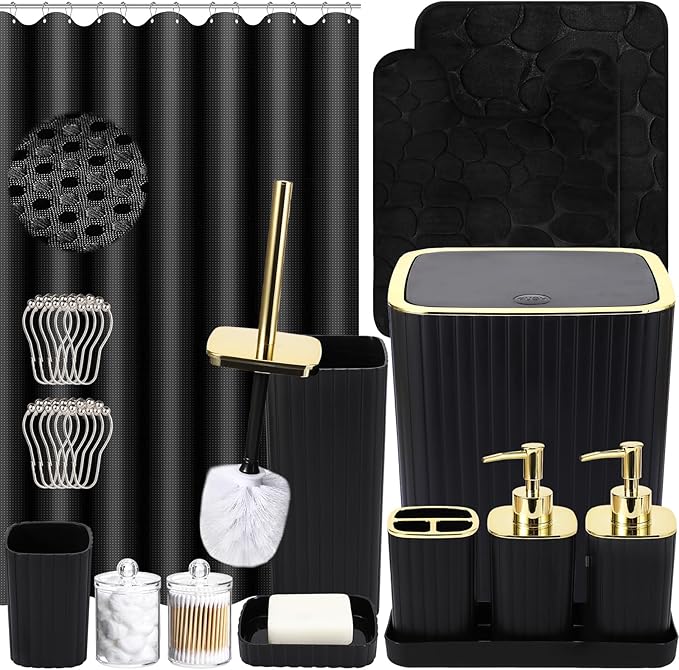 Bathroom Set with Shower Curtain and Rugs- 25PC Bathroom Accessory Set, Black Shower Curtain Set, Toilet Brush, Trash Can, Qtip Holder Dispenser & Soap Dispenser
