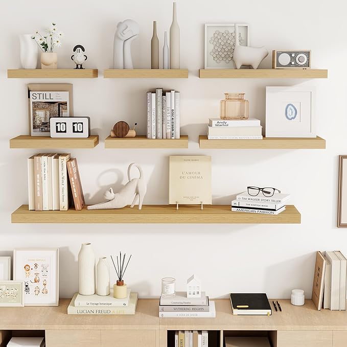 16 Inch Floating Shelves, 3D Textured Wood Grain, 16"x9.25"x1.5" Inch Deep Floating Shelves for Wall, Wooden Shelves for Bathroom, Bedroom, Living Room, Natural, 2 Pieces