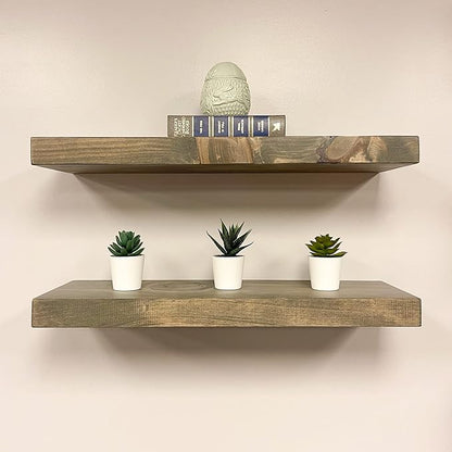 URBANDI, Rustic Floating Shelves, Set of 2, Hidden Bracket, Solid Wood, Heavy Duty, Wall Mounted Shelves, (Grey, 12Wx12D)