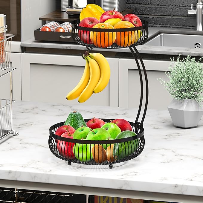 Simple Houseware 2-Tier Countertop Fruit Basket with Banana Hanger, Black
