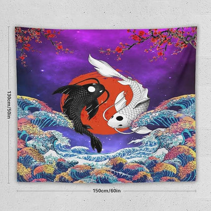 Houselerax Japanese Koi Fish Tapestry, Yin Yang Big Wave Cherry Blossom Tapestries Wall Hanging for Bedroom Living Room Office Decor 60"x50"