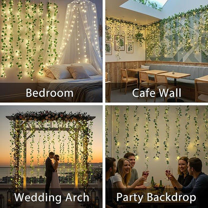 suddus 200 LED Vine with Light Plug in, 6.5ft x 6.5ft Pothos Fairy Curtain Lights with Remote, Leaf Fairy Lights for Wall,Bedroom, Dorm, Wedding, Party, Indoor Decor(Warm White)