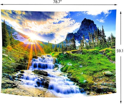 Delur Mountain Waterfall Tapestry Sunset Forest Tree Nature Landscape Tapestry Wall Hanging Tropical Sunrise Rainforest Psychedelic Scenic Headboard for Bedroom Living Room Home Decor (59.1" x 78.7")