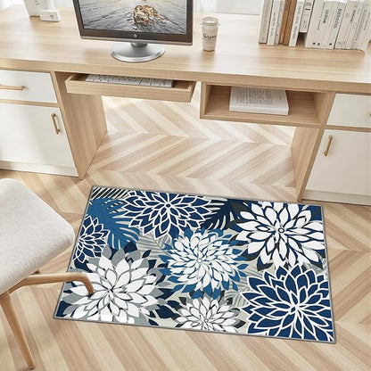 Area Rug 2x3 Blue White Washable Entry Small Rug Multicolored Tropical Botanical Modern Floral Indoor Kitchen Door Mat Entrance Carpet Non Slip for Bedroom Living Room, Porch