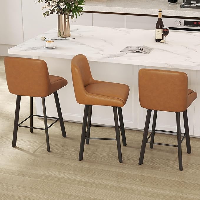 Swivel Counter Height Bar Stools Set of 3, 26''H Upholstered Barstools with Backs, Modern Bar Stool Chairs for Kitchen Island, Metal Legs, Faux Leather, Whiskey Brown Stools Counter Chair