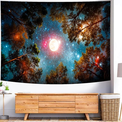 Delur Forest Tapestry Galaxy Moon Stars Night Space Starry Sky Wall Hanging Tapestry Aesthetic Tree Nature Landscape Psychedelic Headboard for Bedroom Living Room Home Decor (59.1" x 78.7")