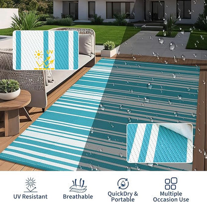 Outdoor Plastic Straw Rug 9x18 Waterproof Outside Rug, Large Modern Striped Reversible Floor Mats, Foldable & Lightweight Camping Carpet for Patio, Porch, Deck, Backyard, Balcony, Light Blue