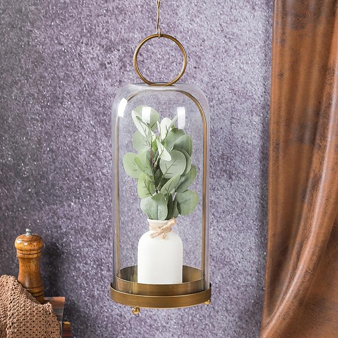 20" High Versatile Modern Metal Hurricane Lantern with Handmade Sturdy Glass Dome for Pillar Candle & Plants (Brass, 7.5"x20")