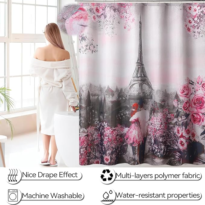 Bathroom Accessories Set with Shower Curtain Bath Rugs Pink Paris Bathroom Accessories with Trash Can, Shower Curtain Set,Bath Rugs for Home Decor