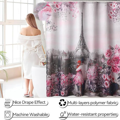 Bathroom Accessories Set with Shower Curtain Bath Rugs Pink Paris Bathroom Accessories with Trash Can, Shower Curtain Set,Bath Rugs for Home Decor