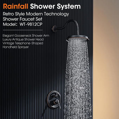 Rainfall Shower System 9 inch Antique Bathroom Luxury Rain Mixer Shower Combo Set with Vintage Handheld Shower Wall Mounted Shower Faucet Set Rough-in Valve and Trim Included Oil Rubbed Bronze