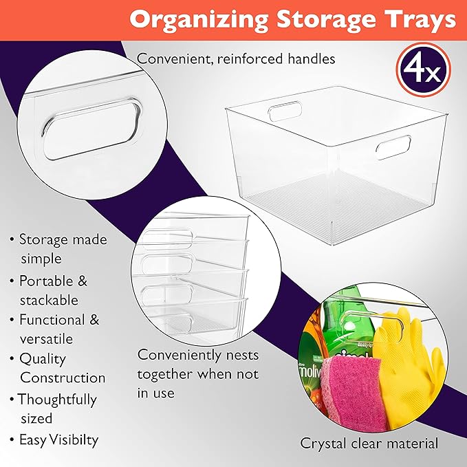 ClearSpace Clear Plastic Storage Bins – XL 4 Pack Perfect for Kitchen,Fridge, Pantry Organization, Cabinet Organizers