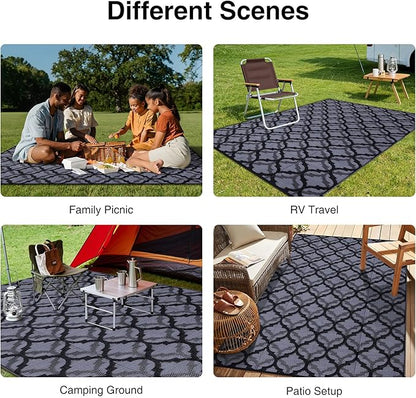 OLANLY Reversible Outdoor Rug 6x9 ft Clearance, Waterproof Outdoor Plastic Straw Rug with Interlacing Pattern, RV Mat for Patio, Camping, Balcony, Deck, Backyard, Black & Grey