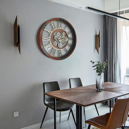 DORBOKER 36" Original Moving Gears Wall Clock, Large Industrial Wall Clock for Living Room Decor,Oversized Wood Vintage Farmhouse Steampunk Rustic Clocks for Wall Decor,Black Walnut