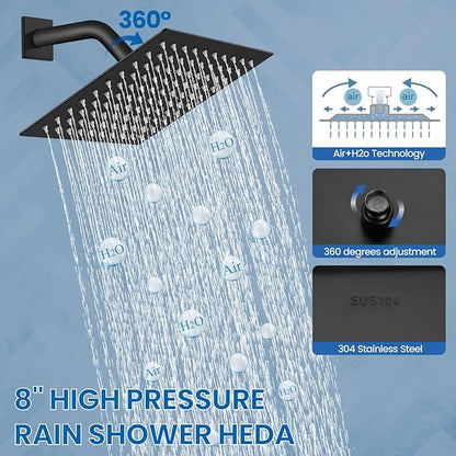 Airuida Shower Faucet Set Bathroom Rain Shower System SUS304 Stainless Steel Single Handle With Male Threads Rough-in Valve Shower Trim Kit 8 Inch Wall Mount Shower Head Matte Black