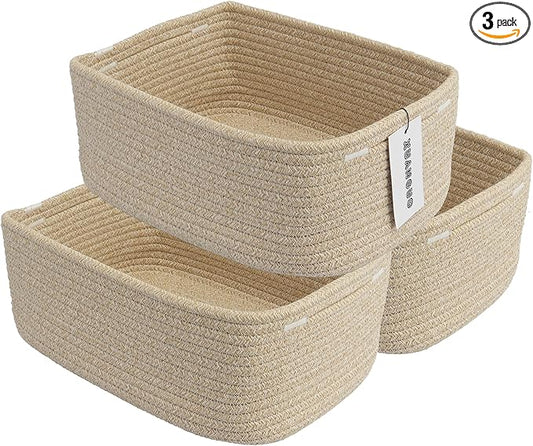 Small Woven Storage Baskets 13“X9”X5“ Decorative Rope Bins for Organizing Shelves, Closets, and Toys, Empty Gift Baskets, Cute Organizer Basket for Home and Office (oatmeal, Large)