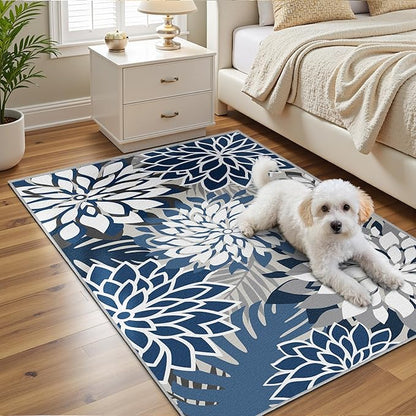Area Rug 3x5 Blue White Washable Entry Rug Multicolored Tropical Botanical Modern Floral Indoor Kitchen Door Mat Entrance Carpet Non Slip for Bedroom Living Room, Porch