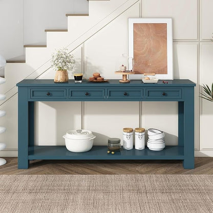 Solid Wood Console Table,63 in Long Sofa Table Entryway Table with 4 Drawers and Bottom Shelf for Hallway Living Room Couch Table,Fully Assembled (63" Dark Blue)