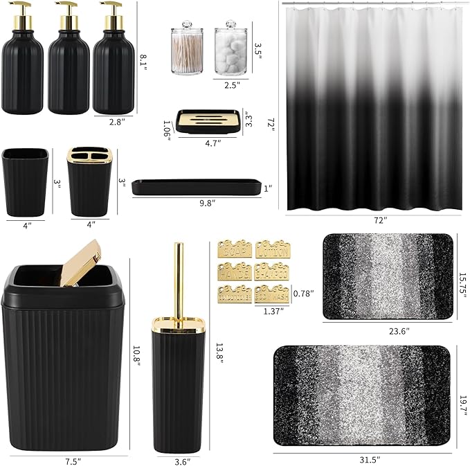 32PCS Bathroom Set Bathroom Sets with Shower Curtain and Rugs Black Bathroom Accessories,Shower Curtain Set,Bathroom Rug Set with Bathroom Trash Can