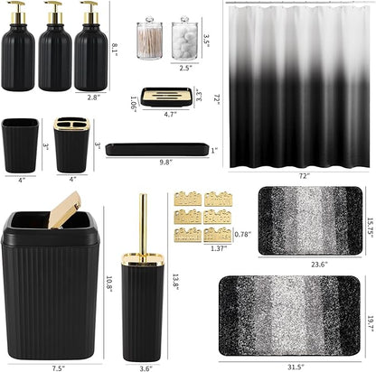 32PCS Bathroom Set Bathroom Sets with Shower Curtain and Rugs Black Bathroom Accessories,Shower Curtain Set,Bathroom Rug Set with Bathroom Trash Can