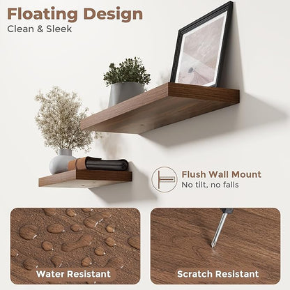 16 Inch Floating Shelves for Wall Set of 2, 8"D Wood Grain Bathroom Shelves with Invisible Brackets, Easy Install Engineered Wood Storage Shelves for Kitchen, Living Room, Bedroom, Walnut Finish
