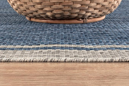 CAMILSON Outdoor Rug, 5x7 Bordered Navy Blue Gray Modern Area Rugs for Indoor and Outdoor Patios, Porches Waterproof Washable Porch Deck Outside Carpet (Bordered Navy, 5 x 7)