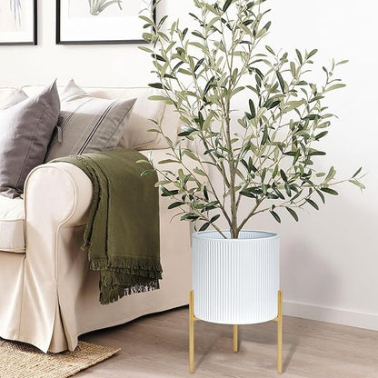 ARNIS Modern Plant Pots, Set of 2 Round Large Planters with Stand, Large Size Metal Pots with Drainage Holes for Living Room, Office, Garden or Balcony, 10.5 &12.25 Inch, White & Gold