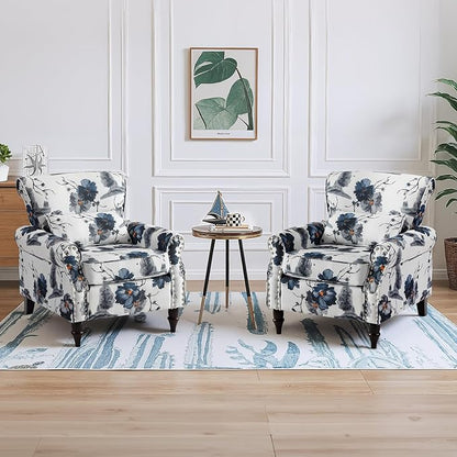 Wingback Accent Chair with Removable Pillow, High Back Floral Armchair with Solid Wood Legs & Nailhead Trim, Comfy Upholstered Reading Single Sofa Chair for Bedroom (2, Ink Blue Pattern)