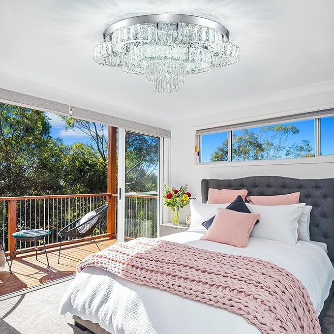 21 Inch Crystal Chandelier LED Flush Mount Ceiling Light Fixtures Luxury Chandeliers for Living Room Bathroom Bedroom Entrance Dining Room(Cool White)