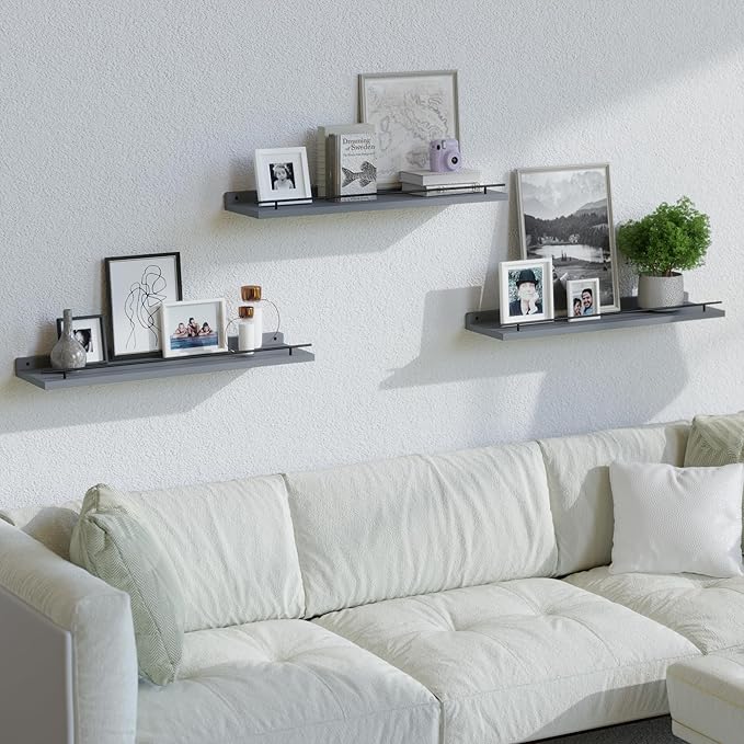 WOPITUES Floating Shelves 24 inch with Black Metal Guardrail, Shelves for Wall Decor Set of 3, Wall Shelves for Bedroom, Bathroom, Kitchen, Living Room, Plants, Picture Frames, Art- Grey