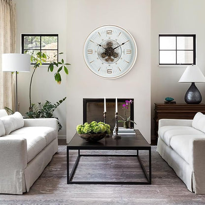 Maxstar Large Vintage Moving Gear Wall Clock, 20''Battery Operated Industrial Steampunk Metal Decor for Living Room, Office,Fireplace, Farmhouse(Arabic Number-Platinum Coating)