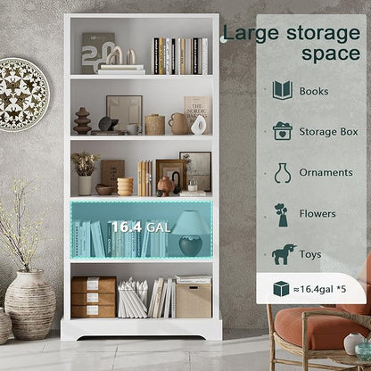 TVU 5-Shelf Wood Bookcase, 65 Inch Tall Bookshelf with Storage, Floor Standing Display Book Shelf，for Living Room Bedroom Study Office, White