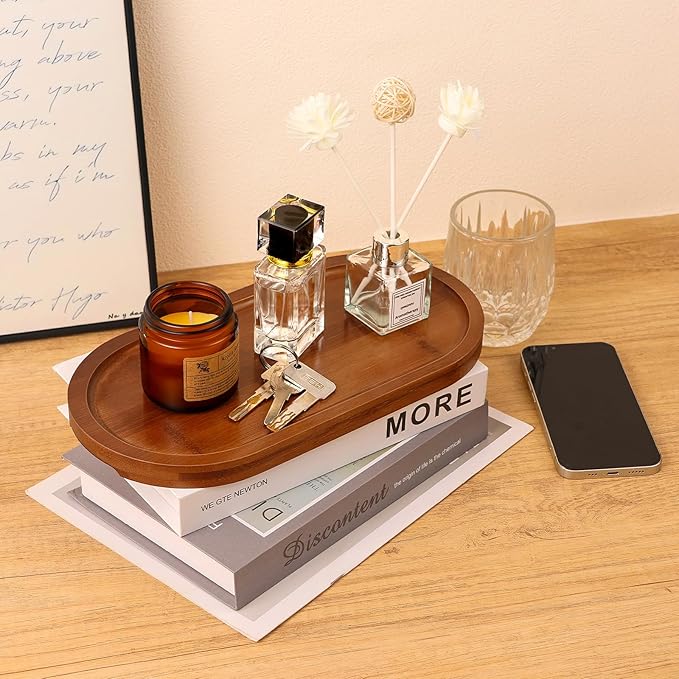 Bamboo Vanity Tray 11.4x6.3 inches, Decorative Vanity Tray for Bathroom Countertop Toilet Tank Farmhouse, Brown