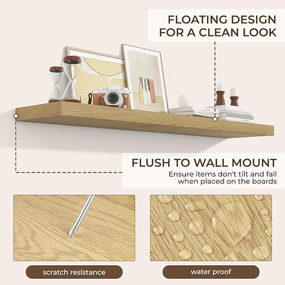 RICHFOCUS 55Inch Floating Shelves for Wall 1 Pack Shelves for Bedroom|Kitchen|Bathroom Wall Mounted Rustic Wood Floating Shelf with Invisible Brackets for Books|Storage|Decor, Oak