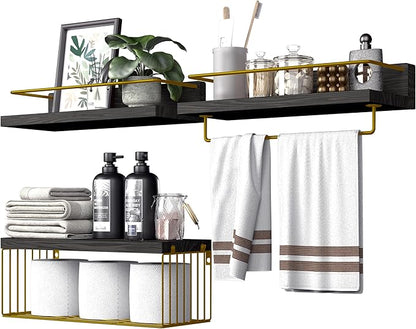Bathroom Shelves Over Toilet for Wall, Floating Shelves with Storage Basket Paper Holer for Kitchen Living Room, Bedroom & Classroom, Set of 3 (Black and Gold)