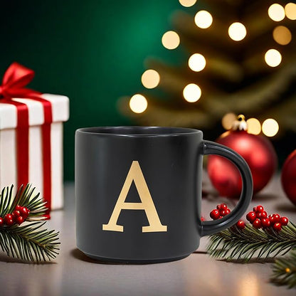 COLLECTIVE HOME - Monogram Ceramic Mugs, 15 oz Golden Initial Black Coffee Cups, Elegant Alphabet Tea Mugs, Elegant Personalized Mug with Gift Box, Unique Mug with Double Side Capital Lette (A-1)