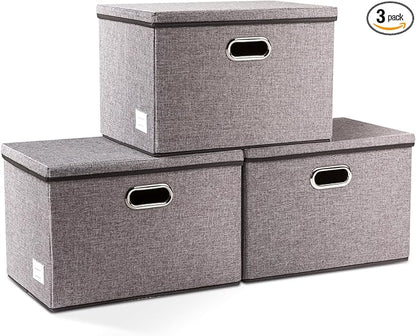 PRANDOM Large Collapsible Storage Bins with Lids [3-Pack] Linen Fabric Foldable Storage Boxes Organizer Containers Baskets Cube with Cover for Home Bedroom Closet Office Nursery (17.7x11.8x11.8)