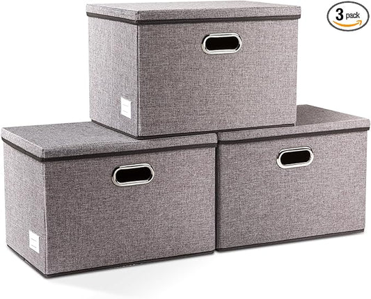 PRANDOM Large Collapsible Storage Bins with Lids [3-Pack] Linen Fabric Foldable Storage Boxes Organizer Containers Baskets Cube with Cover for Home Bedroom Closet Office Nursery (17.7x11.8x11.8)