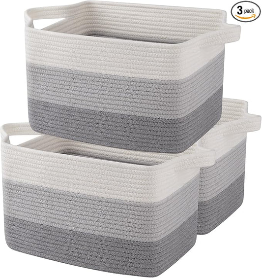 OIAHOMY Storage Basket, Woven Baskets for Storage, Cotton Rope Basket for toys,Towel Baskets for Bathroom - Pack of 3, Gradient Gray