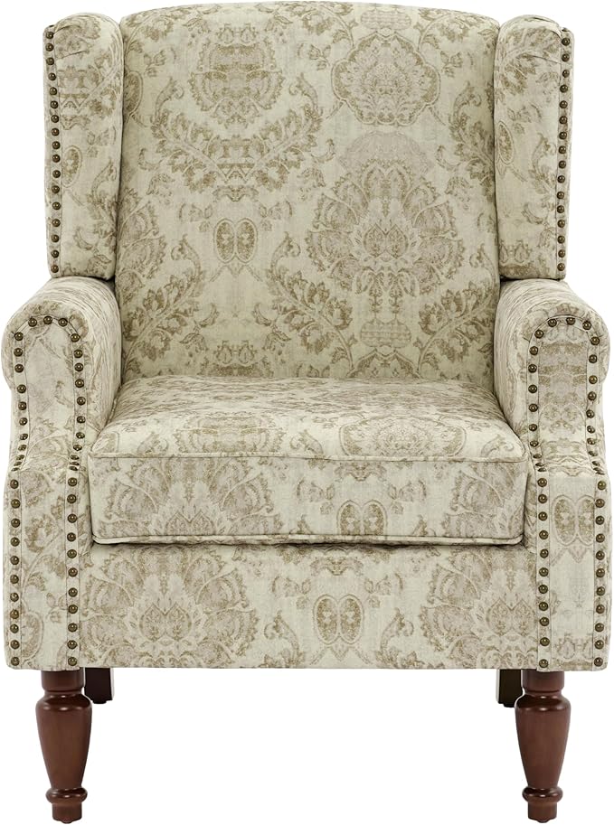 UIXE High Back Floral Accent Chairs Set of 2, Upholstered Armchair in Fabric, Retro Printed Wingback Arm Chair for Living Room, Nailhead Trim Single Sofa Bedroom Reading Seat - White