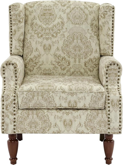 UIXE High Back Floral Accent Chairs Set of 2, Upholstered Armchair in Fabric, Retro Printed Wingback Arm Chair for Living Room, Nailhead Trim Single Sofa Bedroom Reading Seat - White