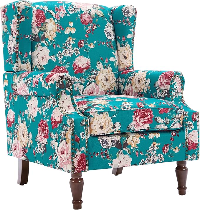 UIXE High Back Floral Accent Chair, Upholstered Armchair in Fabric, Retro Printed Wingback Arm Chair for Living Room, Nailhead Trim Single Sofa Bedroom Reading Seat - Peacock Blue